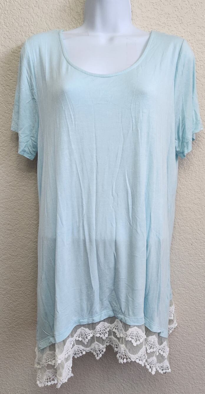 AGB Light Blue Round Neck Lace Trimmed Hem Top XL Lightweight Flowy Soft Stretch